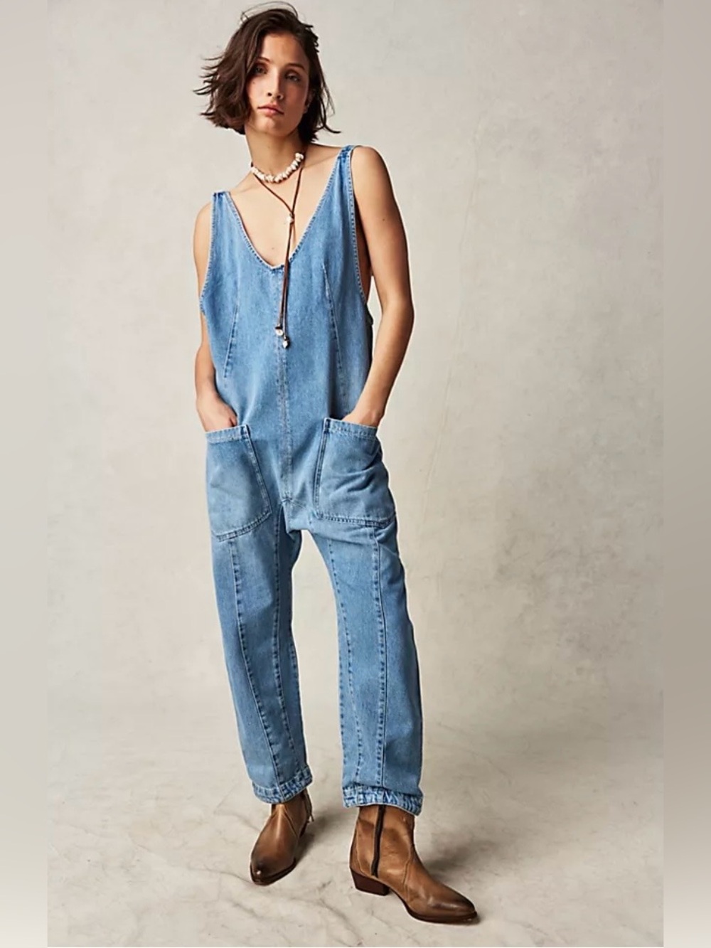 Free People We The Free High Roller Denim Jumpsuit Overalls Lg 100% Cotton Blue